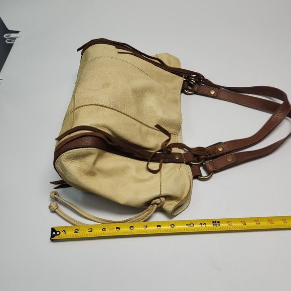 Lucky Brand Leather Purse Double Handle Brown Yellow Tote Hobo Boho Shoulder Bag - Picture 6 of 16